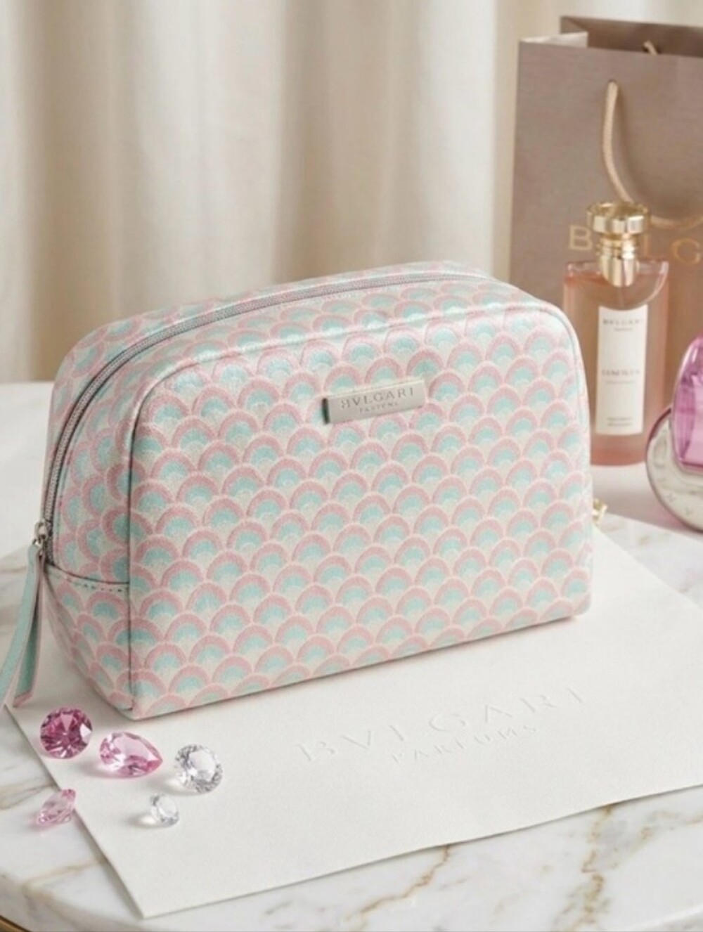 Scalloped BVLGARI Parfums Cosmetic Pouch (Pink & Mint 🩷💚🩵)